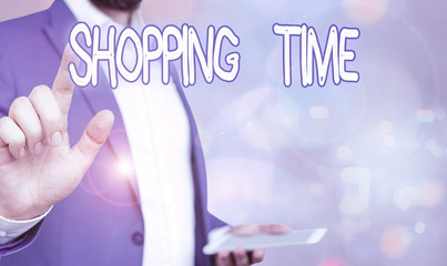 Word writing text Shopping Time. Business photo showcasing A period of time in which someone buys a...