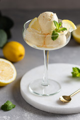 Lemon Ice Cream in a glass. Homemade citrus lemon ice cream gelato with mint close up. Gelateria, cafe, restaurant menu. Summer refreshing dessert. Side view
