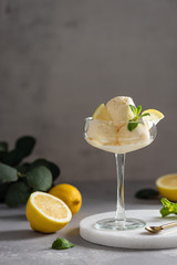 Summer dessert. Lemon ice cream scoops in a glass with fresh citrus and mint. Side view, copy space. Gelateria, cafe, restaurant menu.