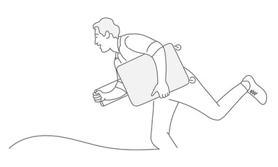 Running man with suitcase. Concept travel and tourism. Line drawing vector illustration. 