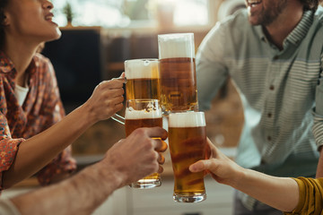 Close-up of friends toasting with beer at home party.
