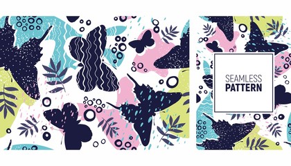 Tropical color leaves and butterflies pattern, hand drawn watercolor vector illustration. Seamless summer design. Creative background. Summer sale banner or text area for another information