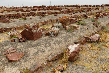 ruined ancient walls in Akyrtas Palace Complex. Kazakhstan