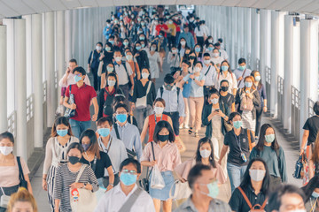 Bangkok City, Thailand : 03/12/2020 : Unidentified people, Crowd of Thai wearing face mask for...