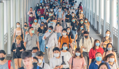 Bangkok City, Thailand : 03/12/2020 : Unidentified people, Crowd of Thai wearing face mask for...