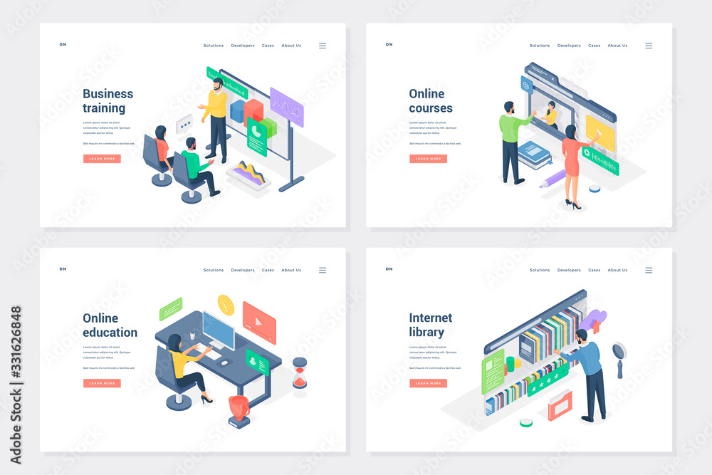 Poster learning, work skills improving isometric landing page templates set