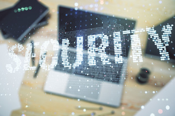 Cyber security creative concept on modern laptop background. Double exposure