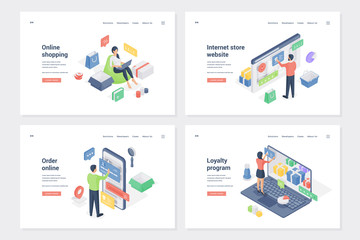 Internet purchase benefits isometric landing page templates set