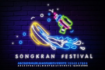 Songkran neon sign, a bright icon of a water gun and a bowl of water and spray, a light banner. Songkran logo, logos and labels. Creator of the neon sign. Editing neon text