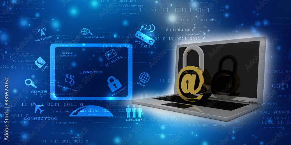 Poster 3d rendering e-mail symbol with lock in laptop. internet security concept
