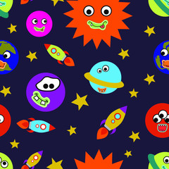 Obraz premium Children's seamless pattern with funny planets. Sun, Uranus, Mars, Earth, Mercury, Saturn, Venus, Jupiter, rockets, stars. For packaging design, wallpaper, textiles, clothing.