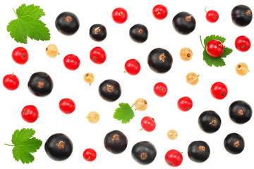 mix of red currant and black currant with green leaf isolated on a white background. healthy food. top view
