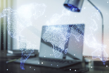 Multi exposure of abstract graphic world map on modern computer background, big data and networking concept concept