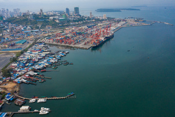 Sihanoukville, Cambodia - March 15, 2020: Ariel view of container terminal of Sihanoukville...
