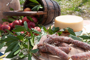 rustic table set with typical Italian products (cured meats, cheeses and apples) from Campania in...
