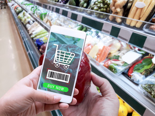 Online order grocery shopping on touch screen concept. Woman hand holding smart phone for ordering...