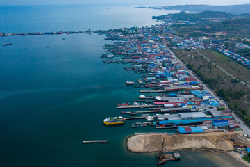 Sihanoukville, Cambodia - March 15, 2020: Ariel view of container terminal of Sihanoukville Autonomous Port.