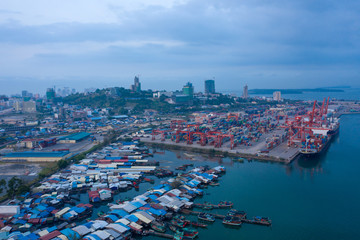 Sihanoukville, Cambodia - March 15, 2020: Ariel view of container terminal of Sihanoukville Autonomous Port.