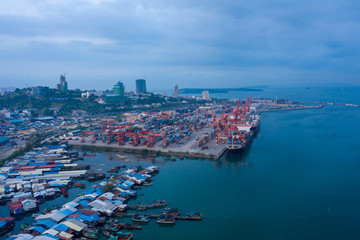 Sihanoukville, Cambodia - March 15, 2020: Ariel view of container terminal of Sihanoukville Autonomous Port.