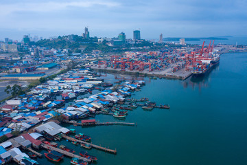 Sihanoukville, Cambodia - March 15, 2020: Ariel view of container terminal of Sihanoukville...