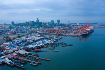 Sihanoukville, Cambodia - March 15, 2020: Ariel view of container terminal of Sihanoukville Autonomous Port.