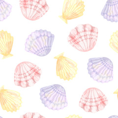 Shells of pink, blue and yellow on a white background. Seamless pattern. Vector illustration made in watercolor style.