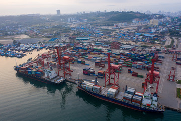 Sihanoukville, Cambodia - March 15, 2020: Ariel view of container terminal of Sihanoukville Autonomous Port.