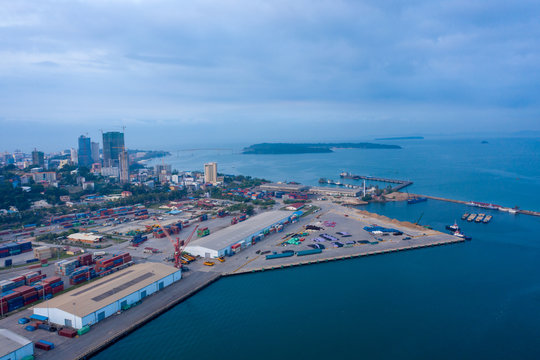 Sihanoukville, Cambodia - March 15, 2020: Ariel view of container terminal of Sihanoukville Autonomous Port.