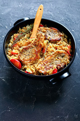 Pork Chops with Sauerkraut and Apples, top view