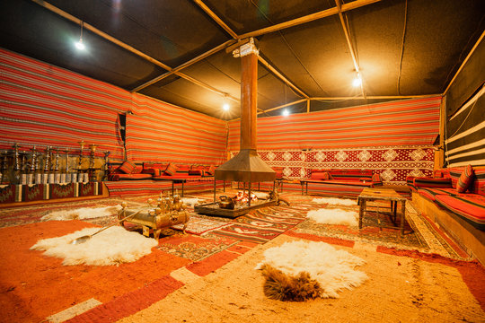 Inside of a traditional Bedouin tent in Arab desert.