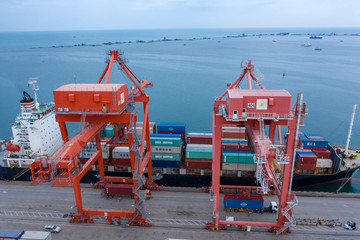 Sihanoukville, Cambodia - March 15, 2020: Ariel view of container terminal of Sihanoukville Autonomous Port.
