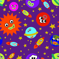 Fototapeta na wymiar Childish seamless pattern with funny planets. Sun, Uranus, Mars, Earth, Mercury, Saturn, Venus, Jupiter, rockets, stars. For packaging design, wallpaper, textiles, clothes.