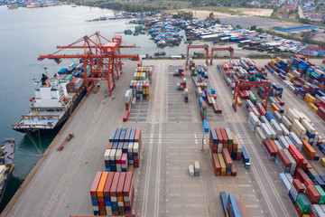 Sihanoukville, Cambodia - March 15, 2020: Ariel view of container terminal of Sihanoukville Autonomous Port.