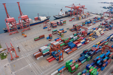 Sihanoukville, Cambodia - March 15, 2020: Ariel view of container terminal of Sihanoukville...