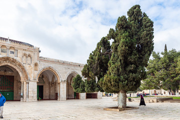 Fototapeta na wymiar Al Aqsa Mosque and the square in front of the mosque on the Temple Mount in the Old Town of Jerusalem in Israel