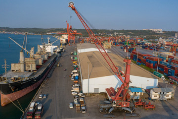 Sihanoukville, Cambodia - March 15, 2020: Ariel view of container terminal of Sihanoukville...