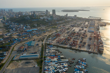 Fototapeta na wymiar Sihanoukville, Cambodia - March 15, 2020: Ariel view of container terminal of Sihanoukville Autonomous Port.