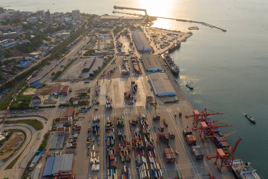 Sihanoukville, Cambodia - March 15, 2020: Ariel view of container terminal of Sihanoukville Autonomous Port.