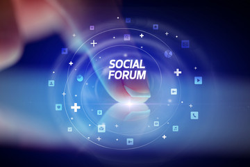 Finger touching tablet with social media icons and SOCIAL FORUM