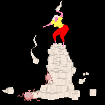 Victory Is Ours! A Girl Standing On A Tower Of Toilet Paper Rolls Is Fighting A Coronavirus Climbing Up. Cartoon Character Humorous Concept. Vector Illustration In A Flat Style.