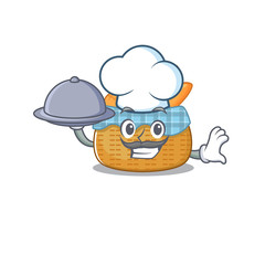 bread basket as a chef cartoon character with food on tray
