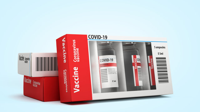 modern concept vaccine from coronavirus packaged vaccine ampoules 3d render on blue gradient