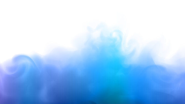 Blue fog or smoke. Soothing turquoise background. Abstract blurry smoke with blue and turquoise tints. Blue steam on a white background. Abstract mystical gas with various cool shades. Copy space.