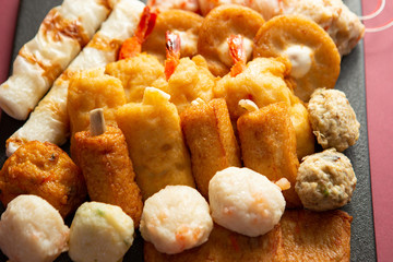 Japanese fish cakes on plate 