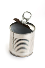 Opened metal tin can, isolated on white background