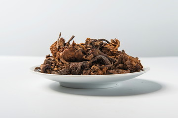 In the white background, arimilaria mellea is a kind of fungus with excellent taste, which can be used for stewing chicken soup and other soup materials.