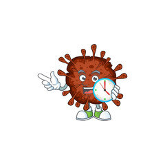 cartoon character style of cheerful infection coronavirus with clock