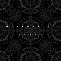 Minimalist, minimal black seamless repeat vector pattern. Radial mandala circle shape decoration, dark gothic vintage stained glass ornamentation. Round border, frame template. Text background.