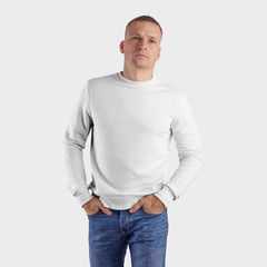 Fototapeta premium Template white heather on a man, front view, isolated on background. Mockup fashionable blank sweatshirt for presentation design and print.