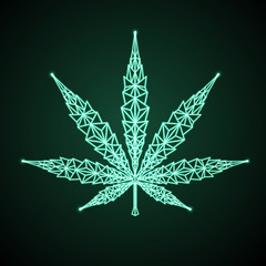 Neon Cannabis leaf geomertic sign. Helm icon design. Business logo design